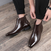 British Style Square Heel Pointed Toe Business Formal Leather Boots